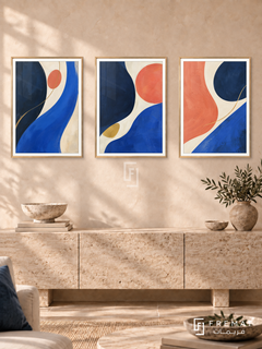 Grand Confluence — set of three complementary modern abstract artworks in Gold frames, shown at 50×70 cm each.