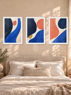 Grand Confluence — set of three complementary modern abstract artworks in White frames, shown at 50×70 cm each.