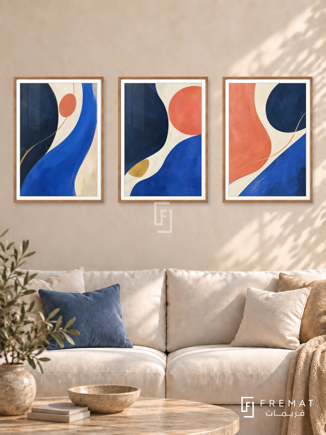 Grand Confluence — set of three complementary modern abstract artworks in Wooden Texture frames, shown at 50×70 cm each.