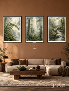 Forest Breath — set of three complementary nature artworks in Black frames, shown at 50×70 cm each.