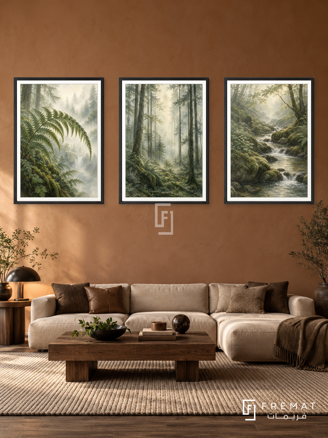 Forest Breath — set of three complementary nature artworks in Black frames, shown at 50×70 cm each.