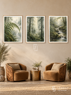 Forest Breath — set of three complementary nature artworks in Gold frames, shown at 50×70 cm each.