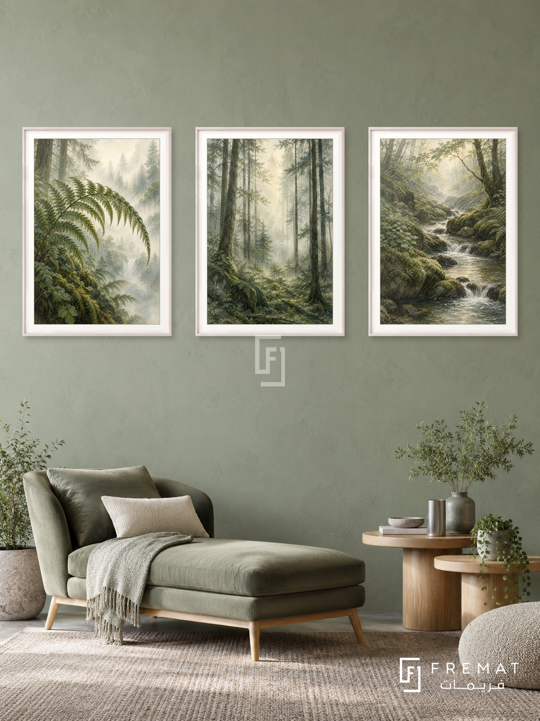 Forest Breath — set of three complementary nature artworks in White frames, shown at 50×70 cm each.