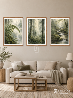 Forest Breath — set of three complementary nature artworks in Wooden Texture frames, shown at 50×70 cm each.
