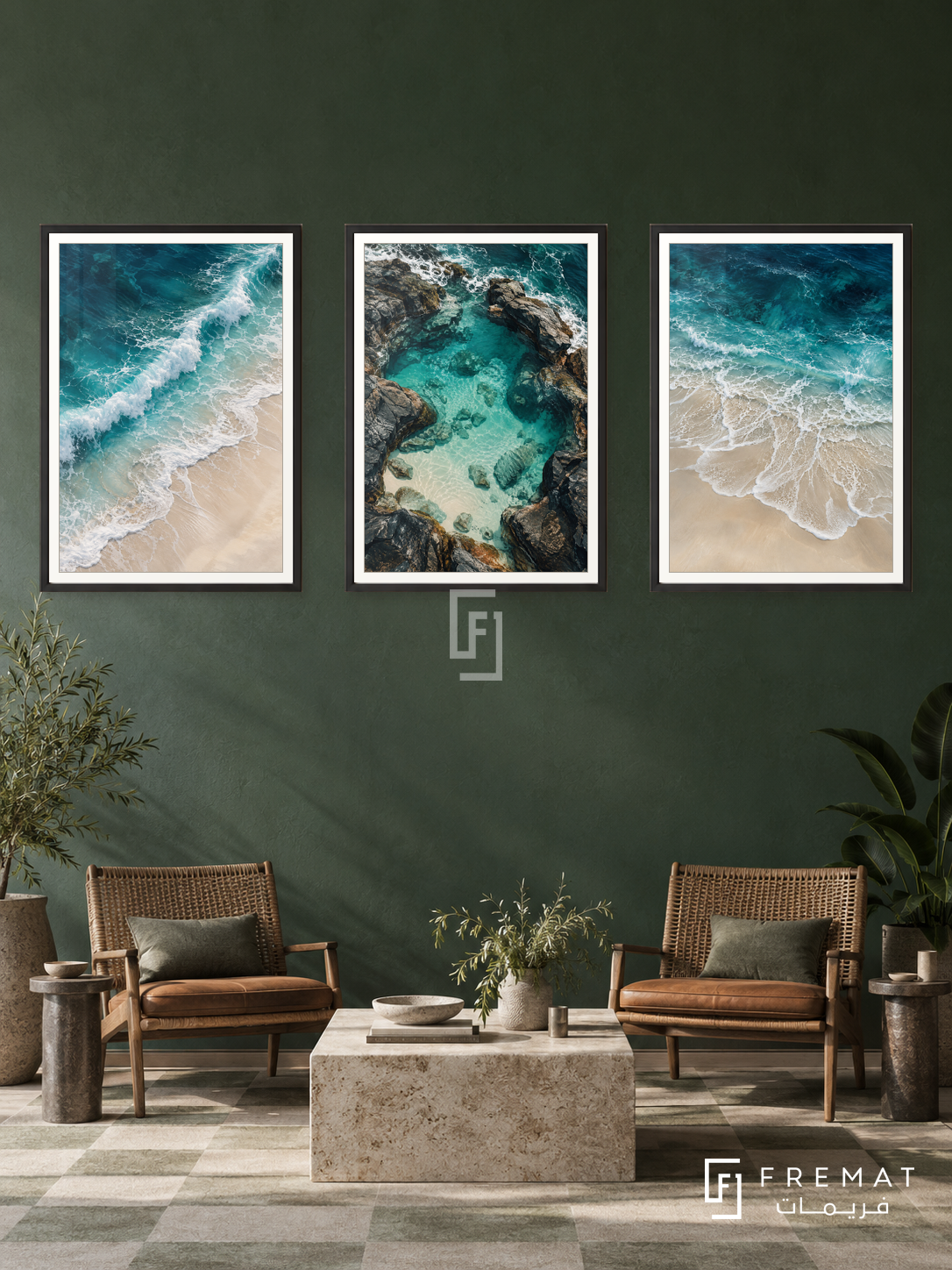 Ocean Reverie — set of three complementary nature artworks in Black frames, shown at 50×70 cm each.