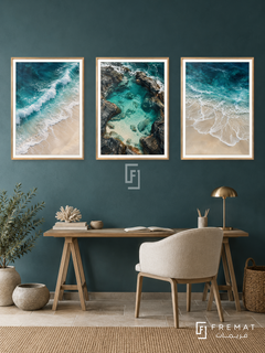 Ocean Reverie — set of three complementary nature artworks in Gold frames, shown at 50×70 cm each.
