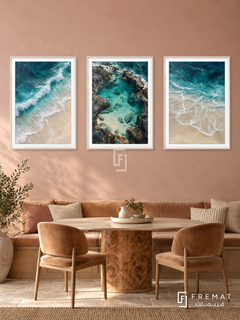 Ocean Reverie — set of three complementary nature artworks in White frames, shown at 50×70 cm each.