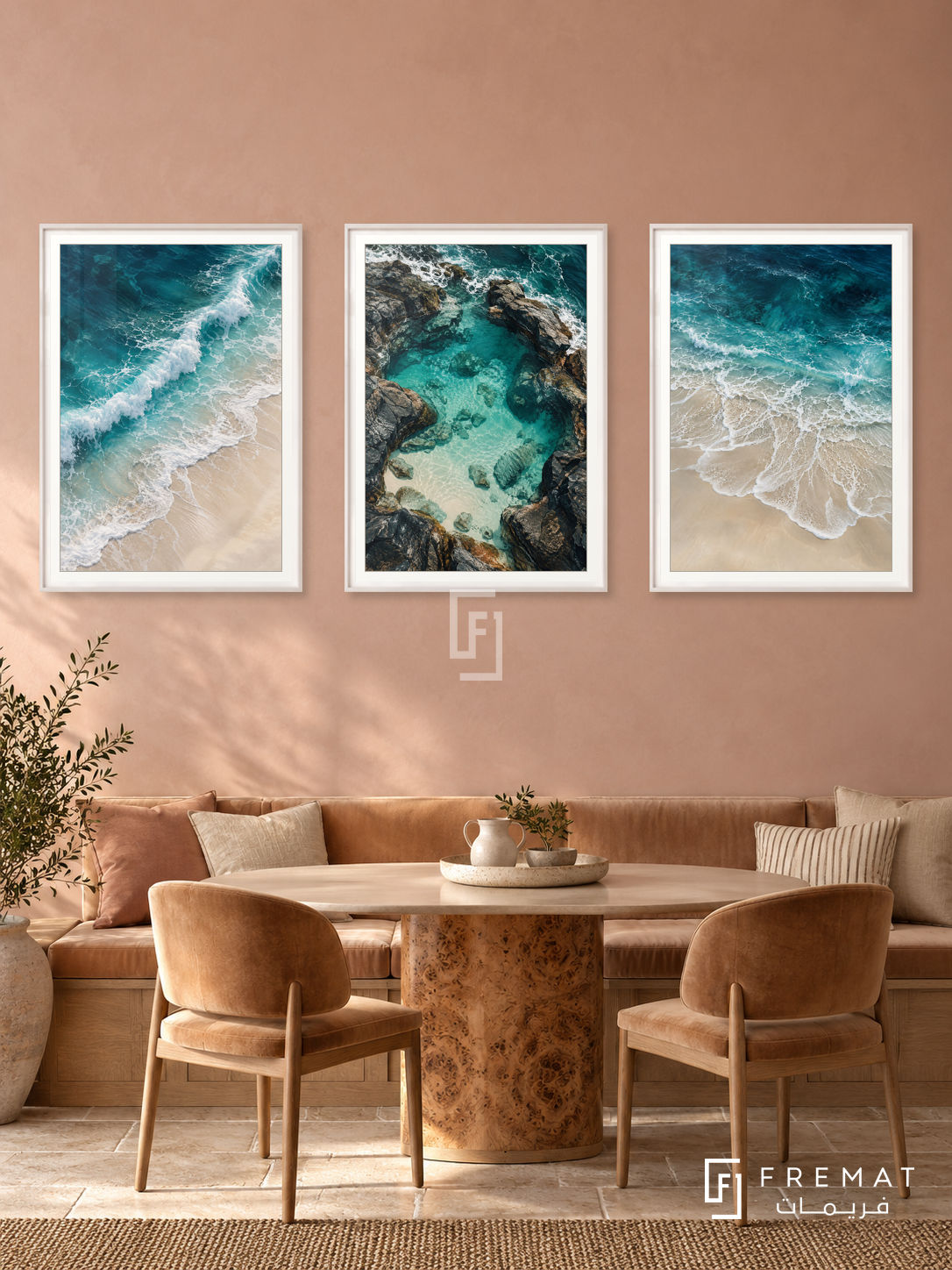 Ocean Reverie — set of three complementary nature artworks in White frames, shown at 50×70 cm each.