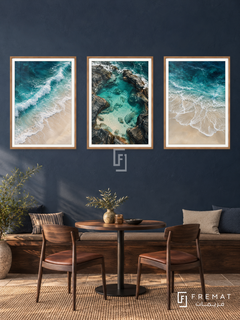 Ocean Reverie — set of three complementary nature artworks in Wooden Texture frames, shown at 50×70 cm each.