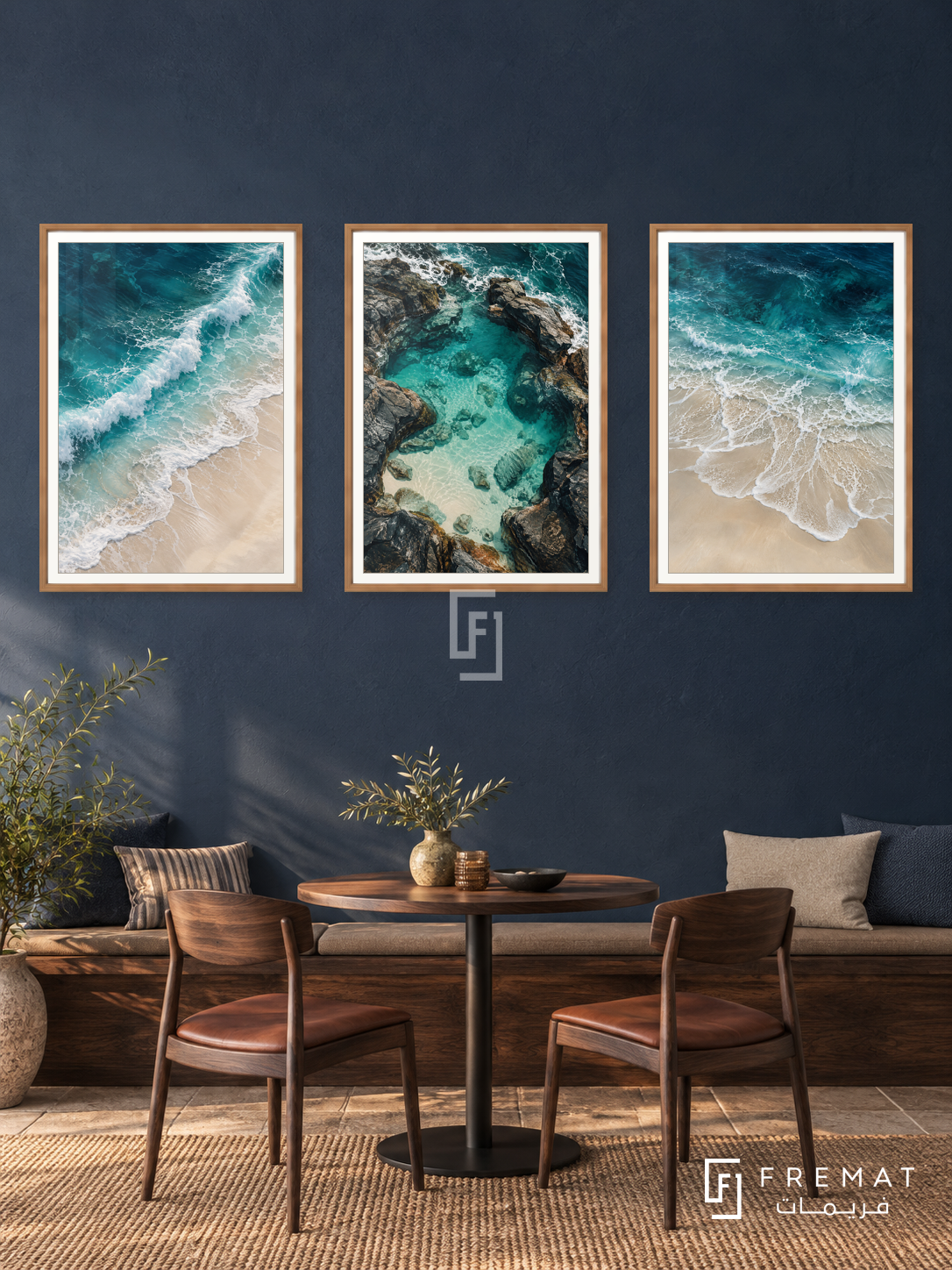 Ocean Reverie — set of three complementary nature artworks in Wooden Texture frames, shown at 50×70 cm each.