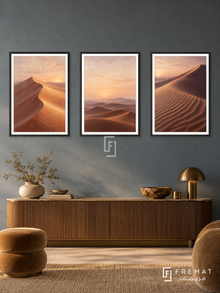 Desert Silence — set of three complementary nature artworks in Black frames, shown at 50×70 cm each.