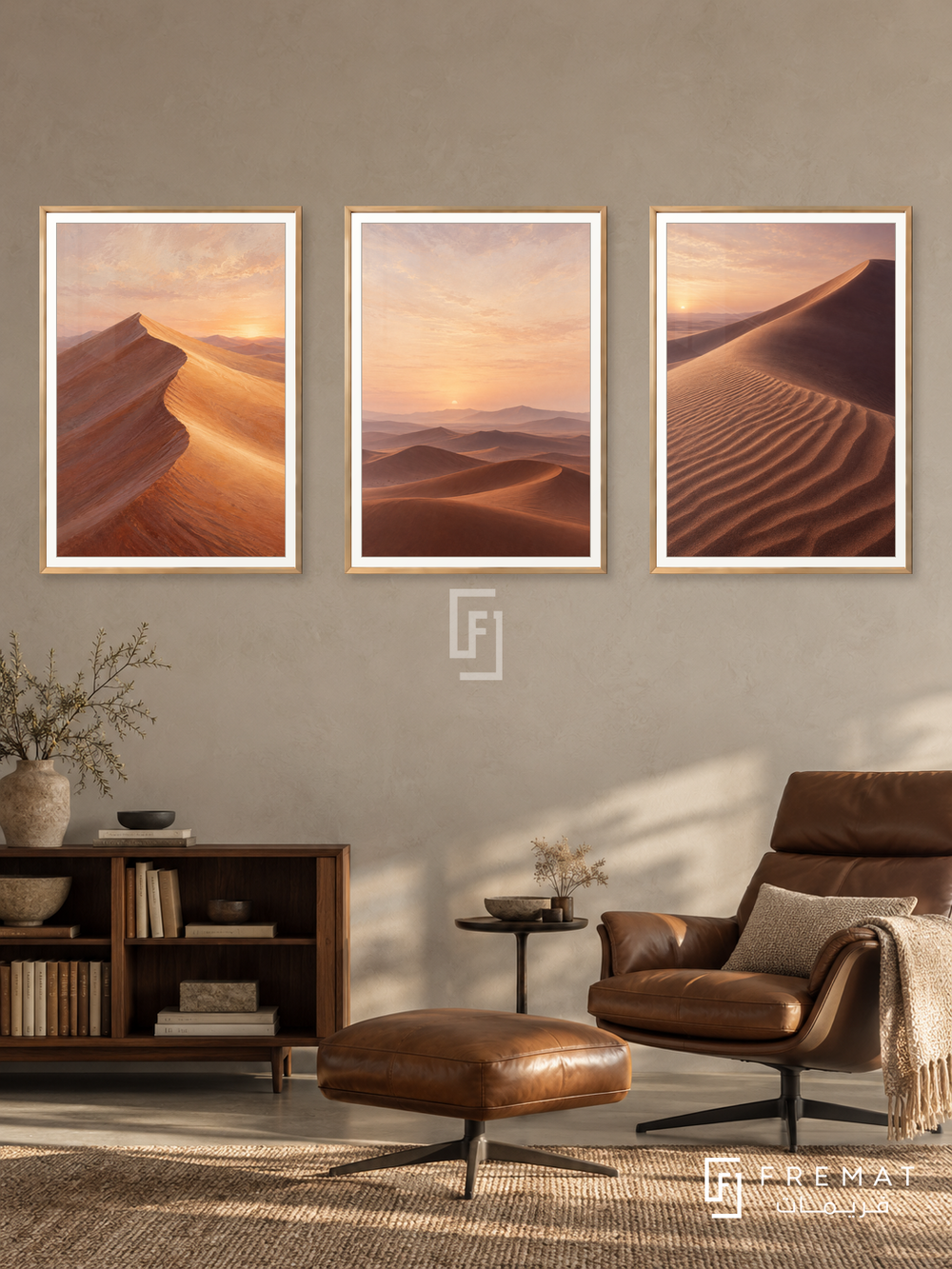 Desert Silence — set of three complementary nature artworks in Gold frames, shown at 50×70 cm each.