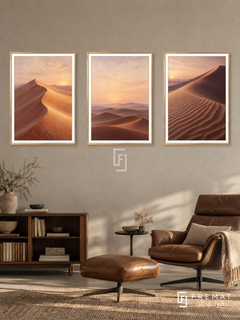 Desert Silence — set of three complementary nature artworks in Gold frames, shown at 50×70 cm each.