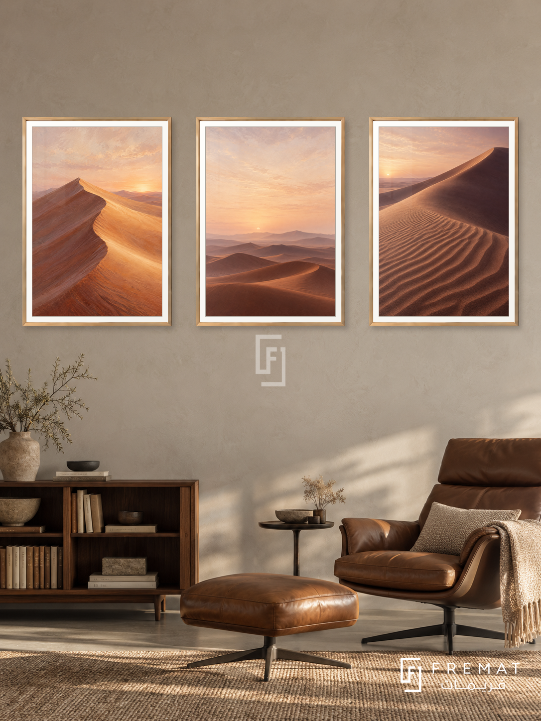 Desert Silence — set of three complementary nature artworks in Gold frames, shown at 50×70 cm each.