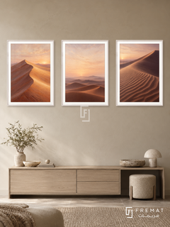 Desert Silence — set of three complementary nature artworks in White frames, shown at 50×70 cm each.