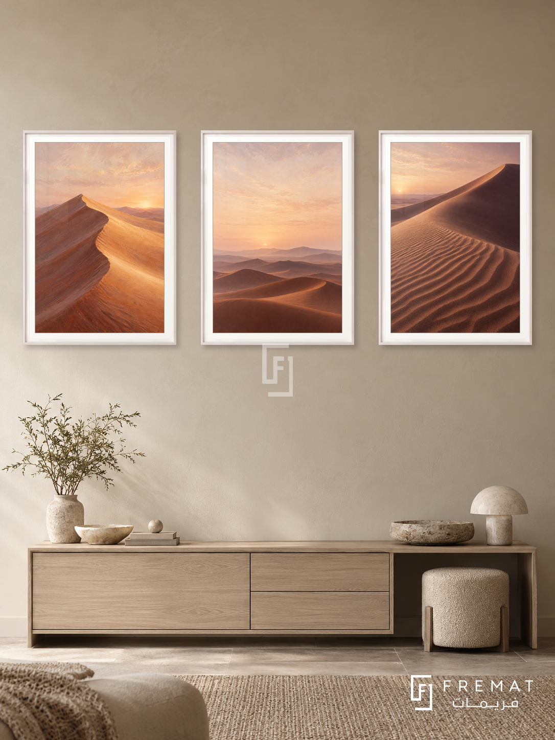 Desert Silence — set of three complementary nature artworks in White frames, shown at 50×70 cm each.