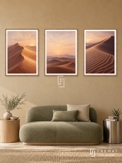 Desert Silence — set of three complementary nature artworks in Wooden Texture frames, shown at 50×70 cm each.
