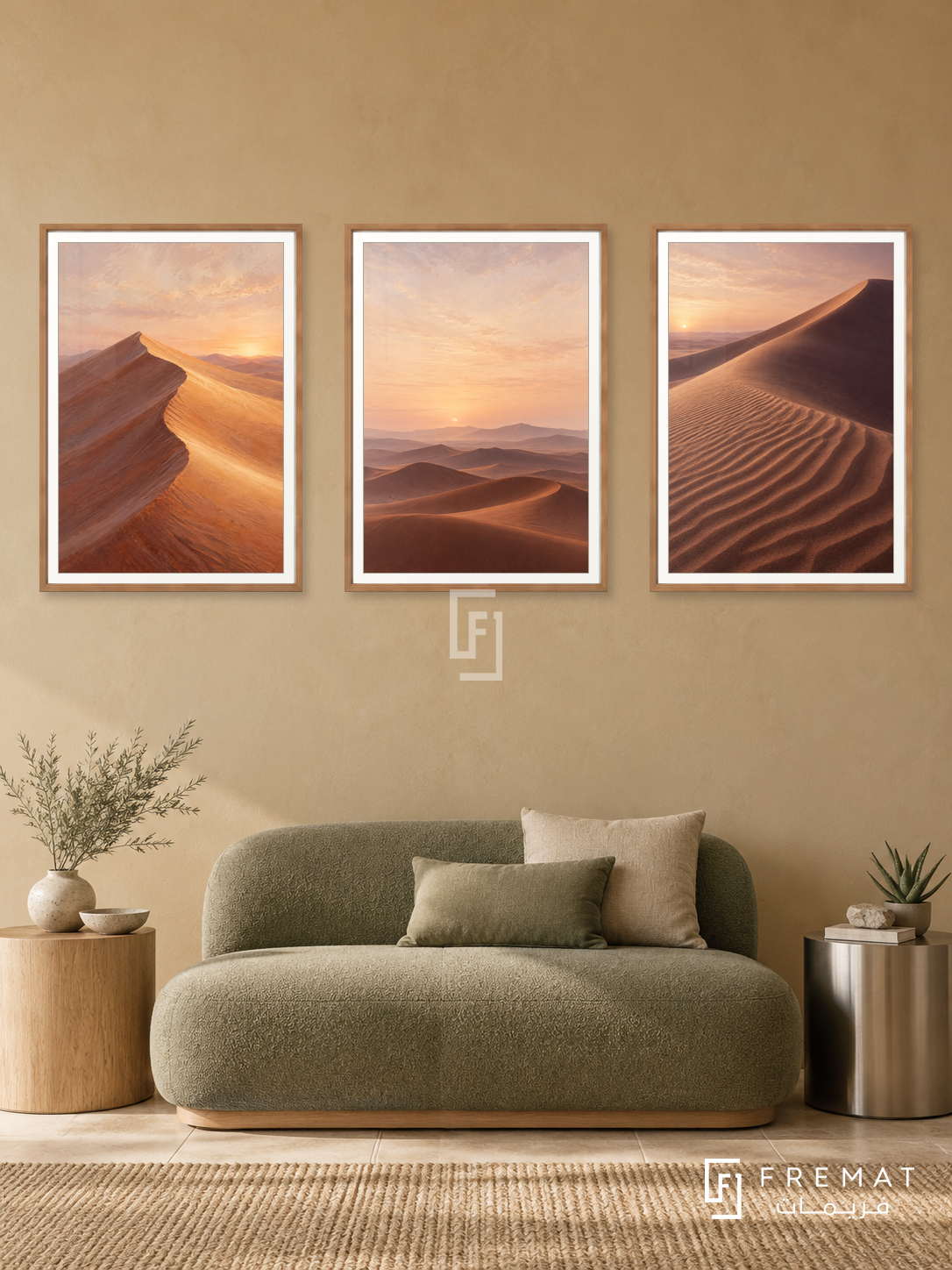 Desert Silence — set of three complementary nature artworks in Wooden Texture frames, shown at 50×70 cm each.