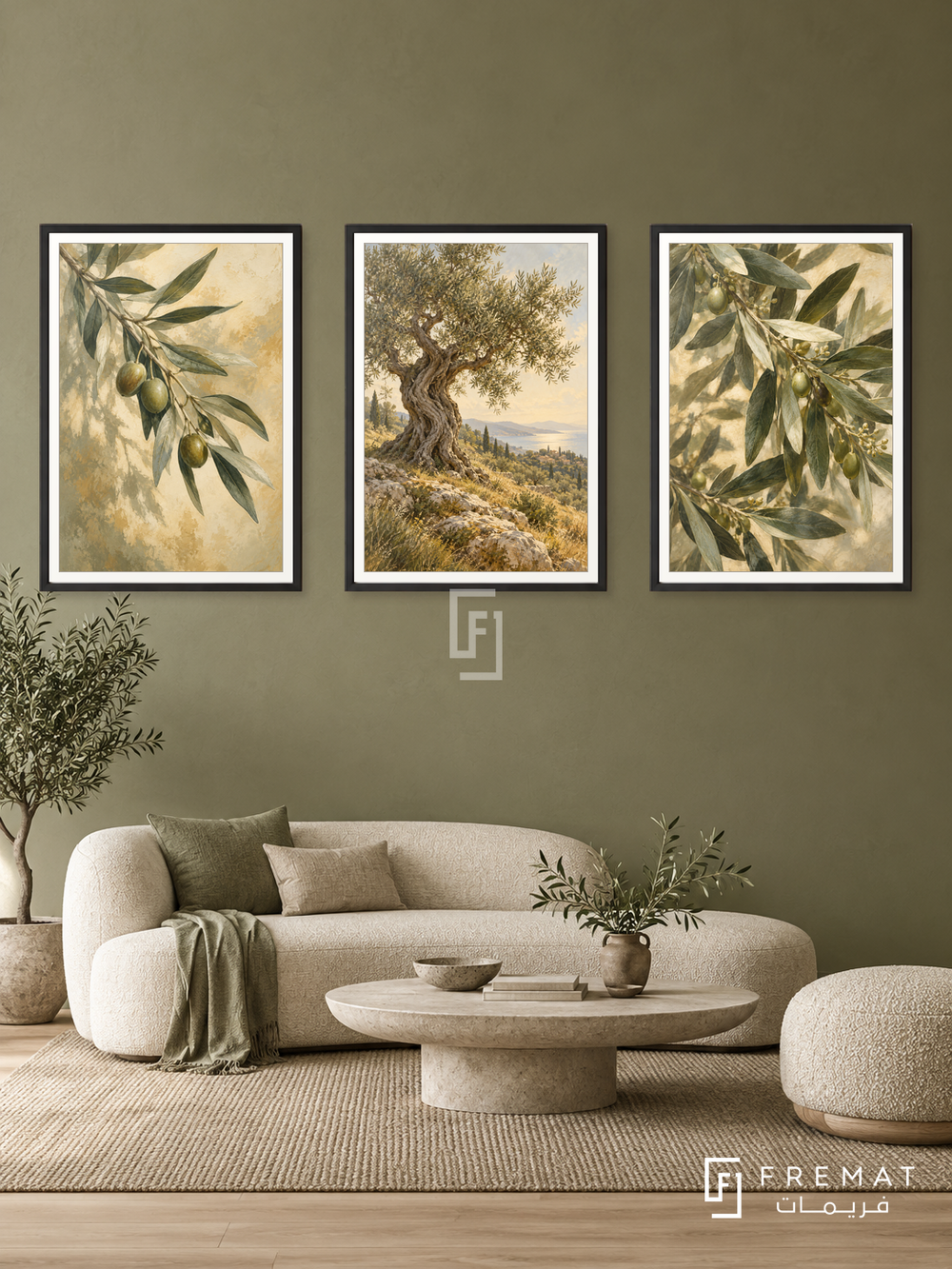 Olive Grove — set of three complementary nature artworks in Black frames, shown at 50×70 cm each.