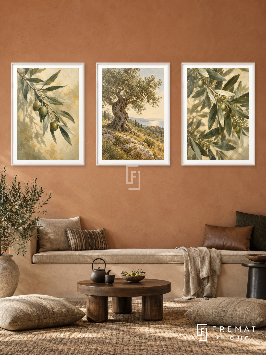 Olive Grove — set of three complementary nature artworks in White frames, shown at 50×70 cm each.