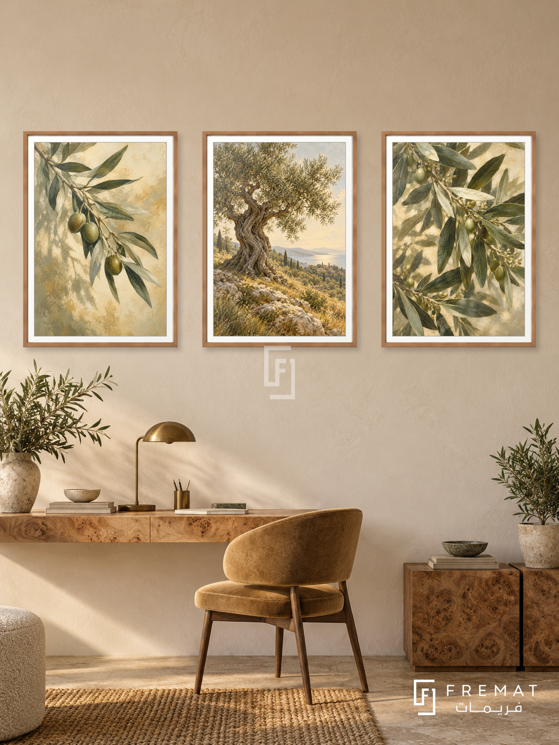 Olive Grove — set of three complementary nature artworks in Wooden Texture frames, shown at 50×70 cm each.