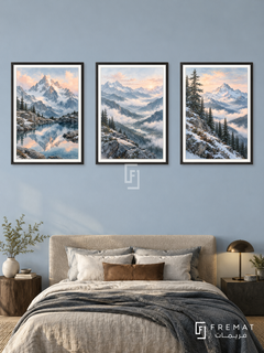 Alpine Stillness — set of three complementary nature artworks in Black frames, shown at 50×70 cm each.