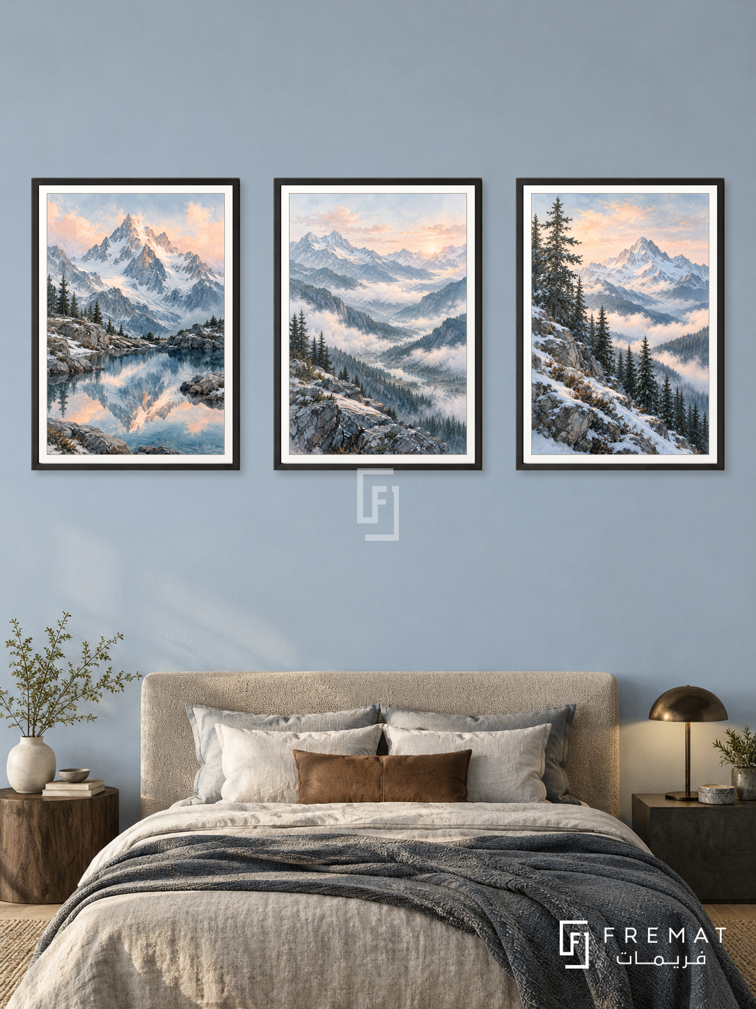 Alpine Stillness — set of three complementary nature artworks in Black frames, shown at 50×70 cm each.