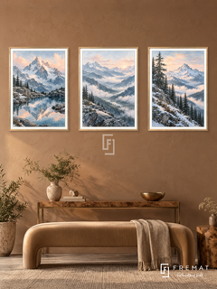Alpine Stillness — set of three complementary nature artworks in Gold frames, shown at 50×70 cm each.