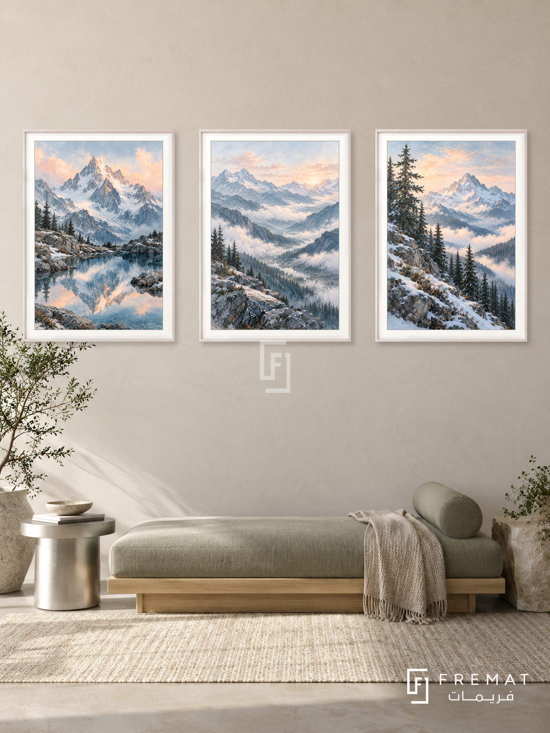 Alpine Stillness — set of three complementary nature artworks in White frames, shown at 50×70 cm each.