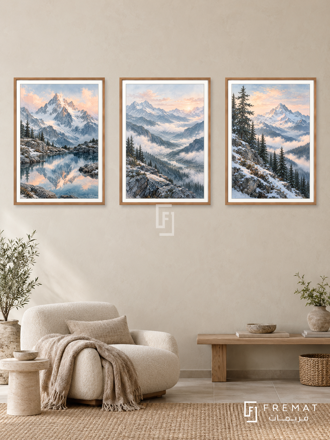 Alpine Stillness — set of three complementary nature artworks in Wooden Texture frames, shown at 50×70 cm each.