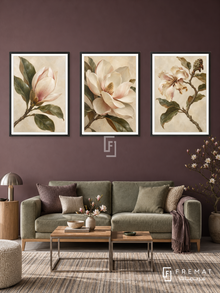 Magnolia Poetry — set of three complementary nature artworks in Black frames, shown at 50×70 cm each.