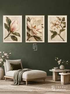 Magnolia Poetry — set of three complementary nature artworks in Gold frames, shown at 50×70 cm each.