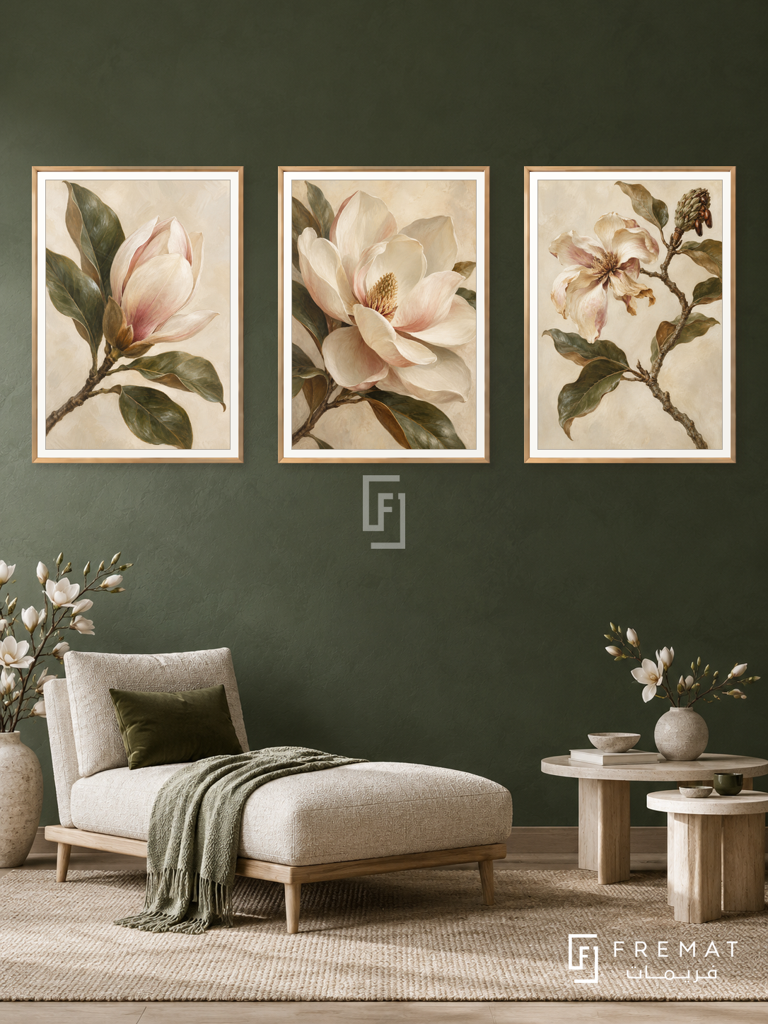 Magnolia Poetry — set of three complementary nature artworks in Gold frames, shown at 50×70 cm each.