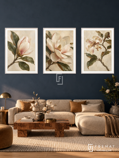 Magnolia Poetry — set of three complementary nature artworks in White frames, shown at 50×70 cm each.