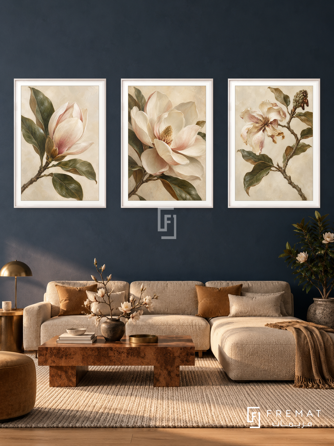 Magnolia Poetry — set of three complementary nature artworks in White frames, shown at 50×70 cm each.