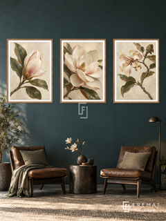 Magnolia Poetry — set of three complementary nature artworks in Wooden Texture frames, shown at 50×70 cm each.