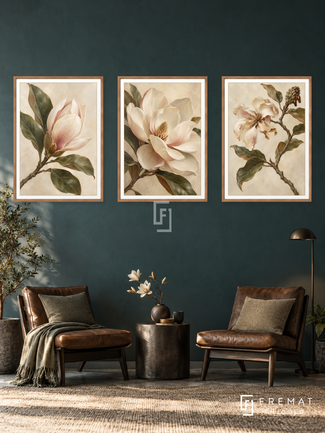 Magnolia Poetry — set of three complementary nature artworks in Wooden Texture frames, shown at 50×70 cm each.