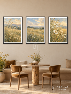 Golden Meadow — set of three complementary nature artworks in Black frames, shown at 50×70 cm each.