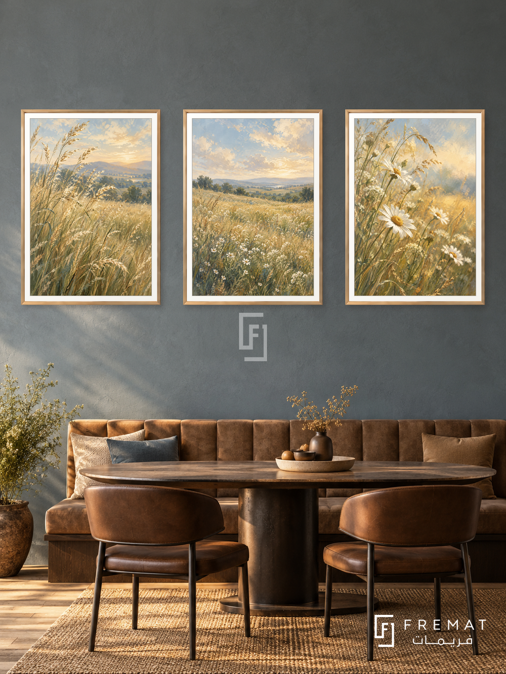 Golden Meadow — set of three complementary nature artworks in Gold frames, shown at 50×70 cm each.