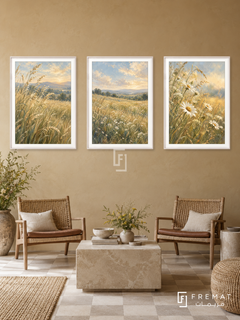 Golden Meadow — set of three complementary nature artworks in White frames, shown at 50×70 cm each.
