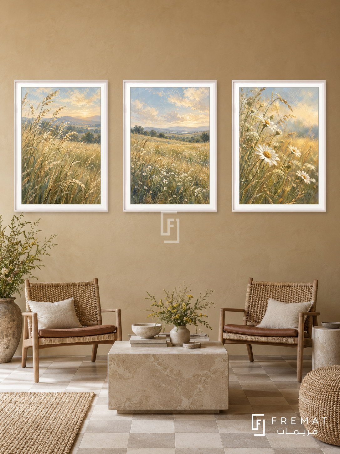 Golden Meadow — set of three complementary nature artworks in White frames, shown at 50×70 cm each.