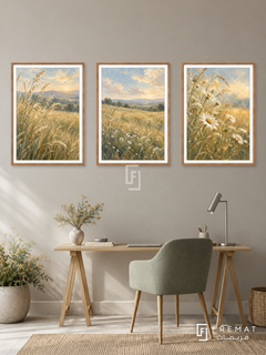 Golden Meadow — set of three complementary nature artworks in Wooden Texture frames, shown at 50×70 cm each.