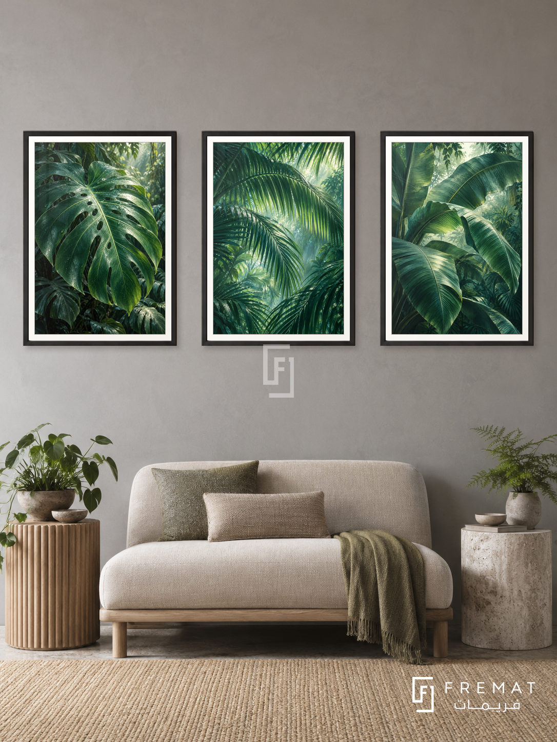 Rainforest Canopy — set of three complementary nature artworks in Black frames, shown at 50×70 cm each.