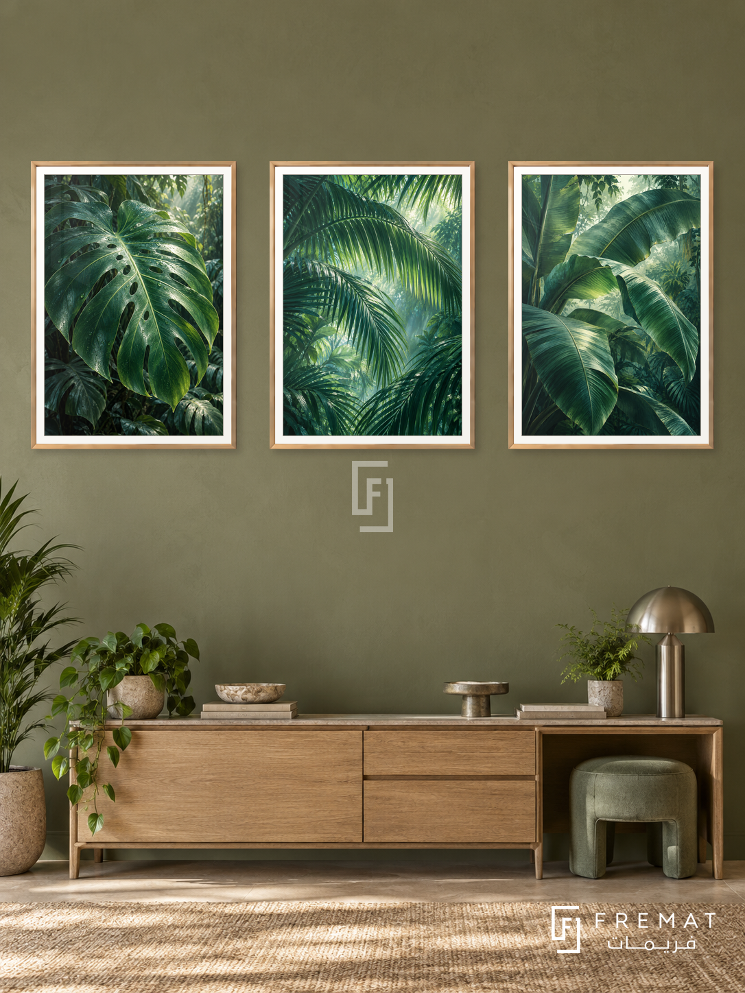 Rainforest Canopy — set of three complementary nature artworks in Gold frames, shown at 50×70 cm each.