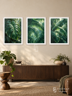 Rainforest Canopy — set of three complementary nature artworks in White frames, shown at 50×70 cm each.