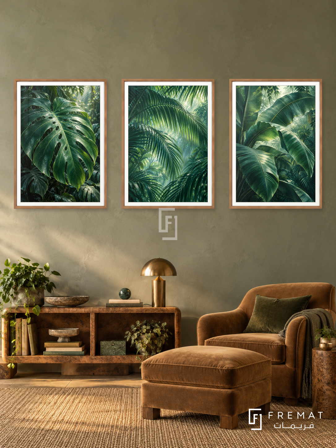 Rainforest Canopy — set of three complementary nature artworks in Wooden Texture frames, shown at 50×70 cm each.