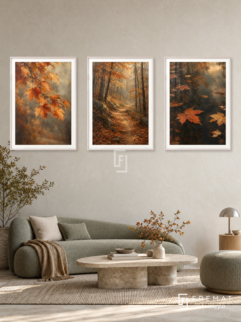 Autumn Passage — set of three complementary nature artworks in White frames, shown at 50×70 cm each.
