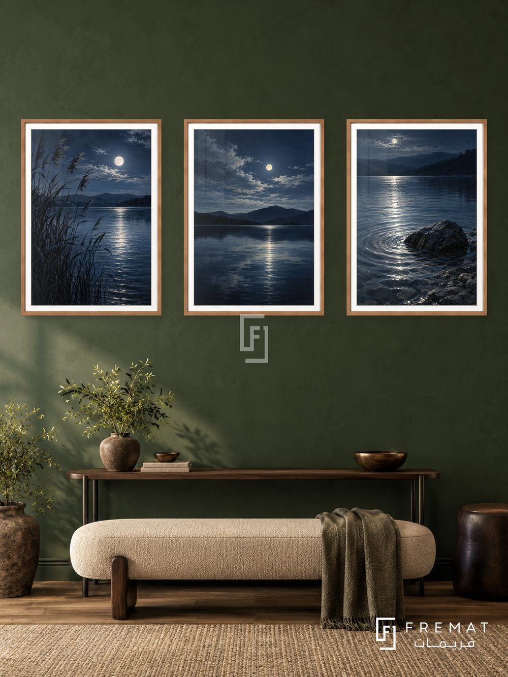 Moonlit Lake — set of three complementary nature artworks in Wooden Texture frames, shown at 50×70 cm each.