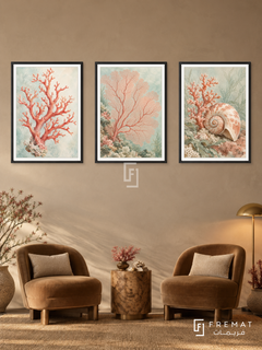 Coral Garden — set of three complementary nature artworks in Black frames, shown at 50×70 cm each.