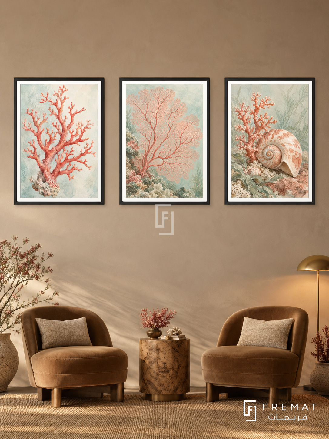 Coral Garden — set of three complementary nature artworks in Black frames, shown at 50×70 cm each.